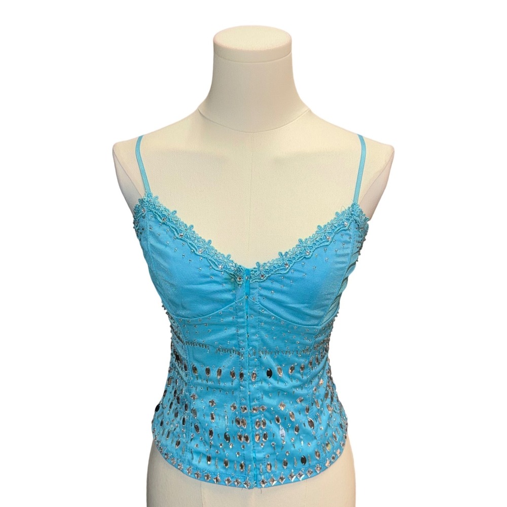 Vtg 90s Wild Cat Corset Camisole Women Small Blue Good Beaded Rhinestone Y2K